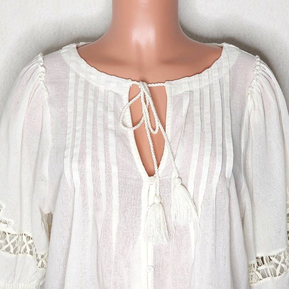 Free People White Button Up Blouse Top Lace Half Sleeves Tie Neck Crochet - Picture 2 of 7
